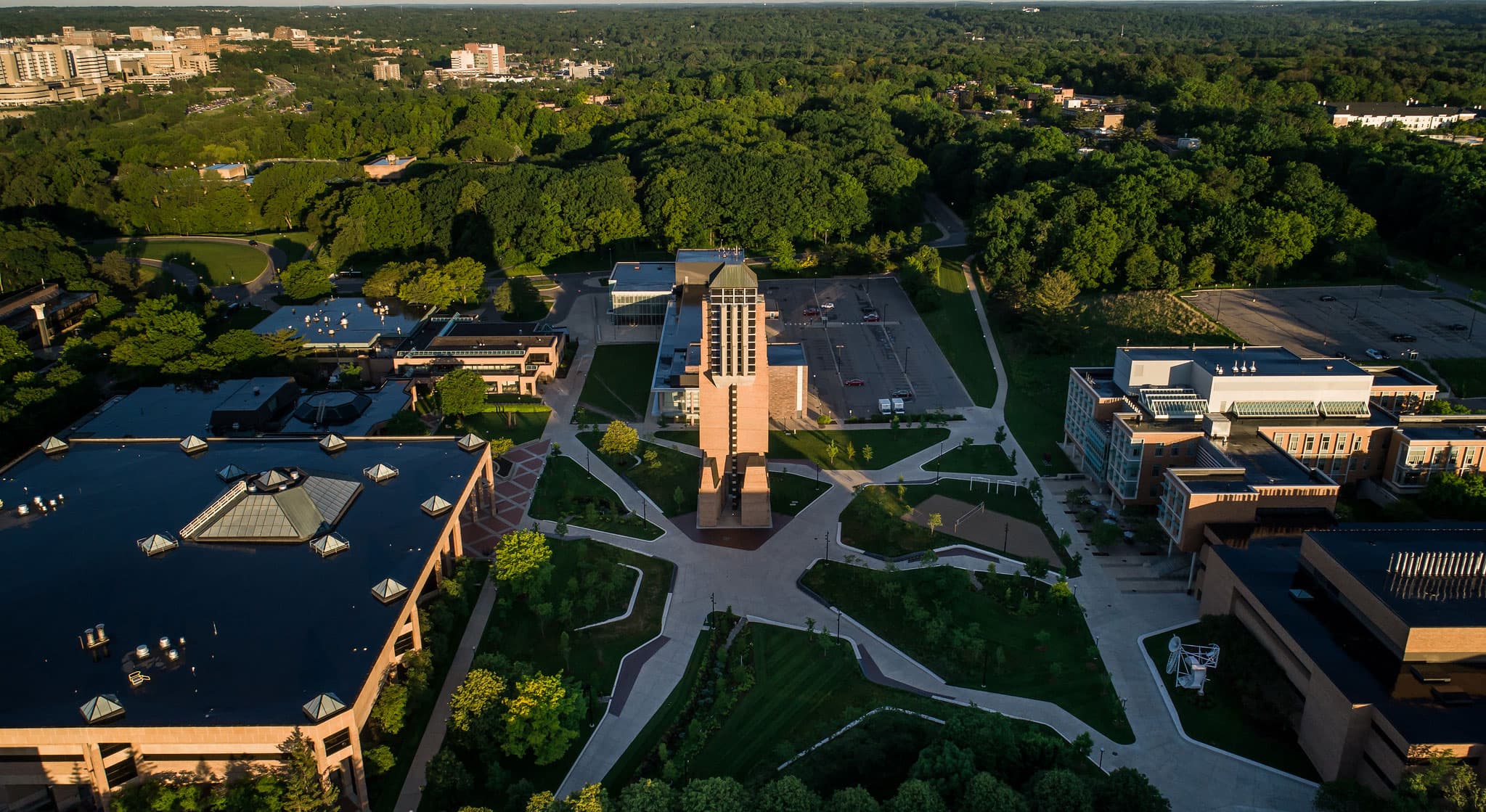 Aerial view of the Gerstacker Grove and Lurie Tower on north campus.