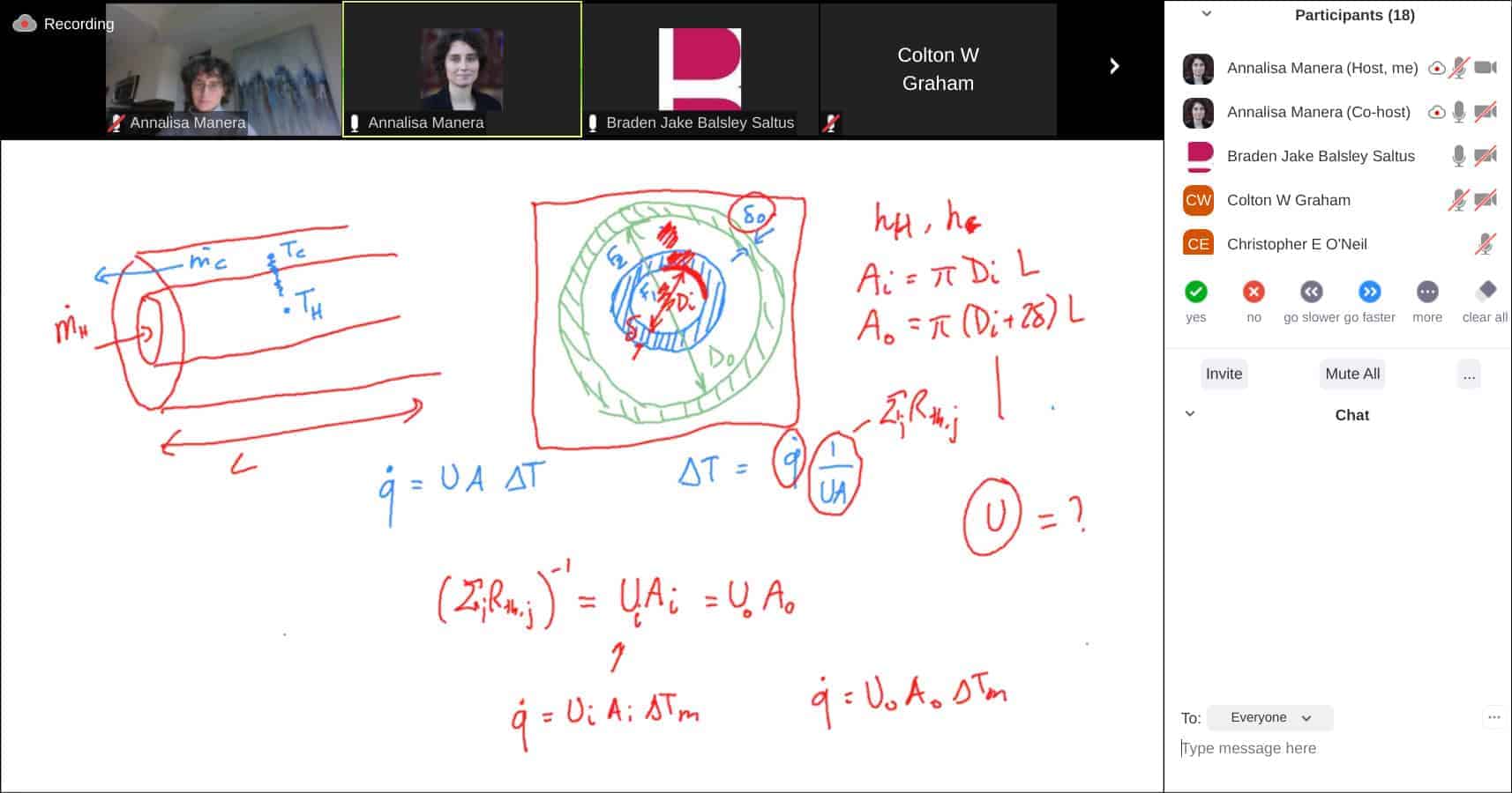 screenshot of a zoom class using the whiteboard feature to solve a complicated math problem