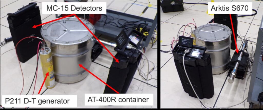 Conceptual diagram illustrating the arrangement of detectors and electronics used to measure the  
233
U
  plates (above). Images of the measurement setup at NCERC (below).