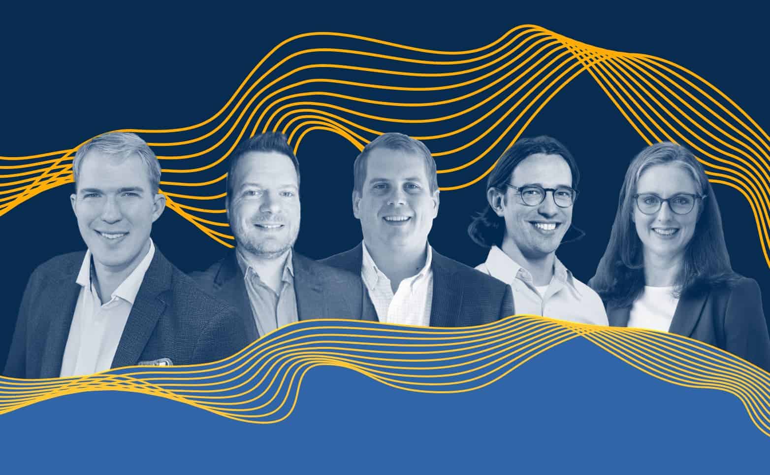 Group photo of five University of Michigan NERS faculty members—Scott Baalrud, Shaun Clarke, Kevin Field, Brendan Kochunas, and Carolyn Kuranz—against a dark blue background with flowing yellow lines.